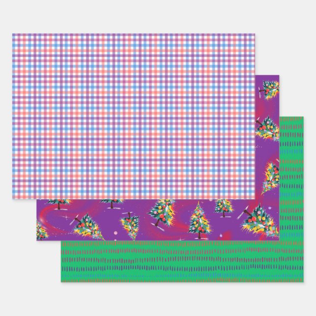 Karo, Weihnachtsbäume, & Grüner Strich, 3er-Set Ma Geschenkpapier Set (Set)