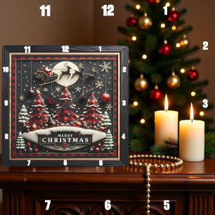 Karo-Weihnachtsbäume-Santa-Schlitten Quadratische Wanduhr