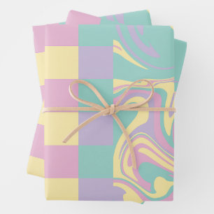 Karo & Wirbel Pastellfarben, gelb, Lila und grün Geschenkpapier Set