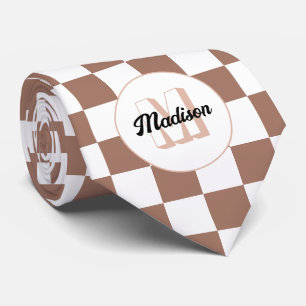 Karoquadrate Mocha Braun Weiß Retro Monogramm Krawatte