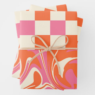 Karos und Wirbel - Rosa, Orange und Creme Geschenkpapier Set