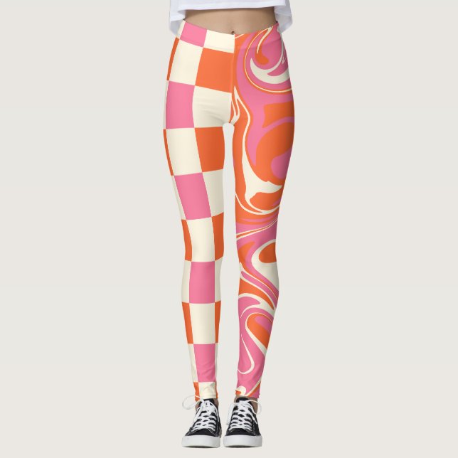 Karos und Wirbel - Rosa, Orange und Creme Leggings (Vorderseite)