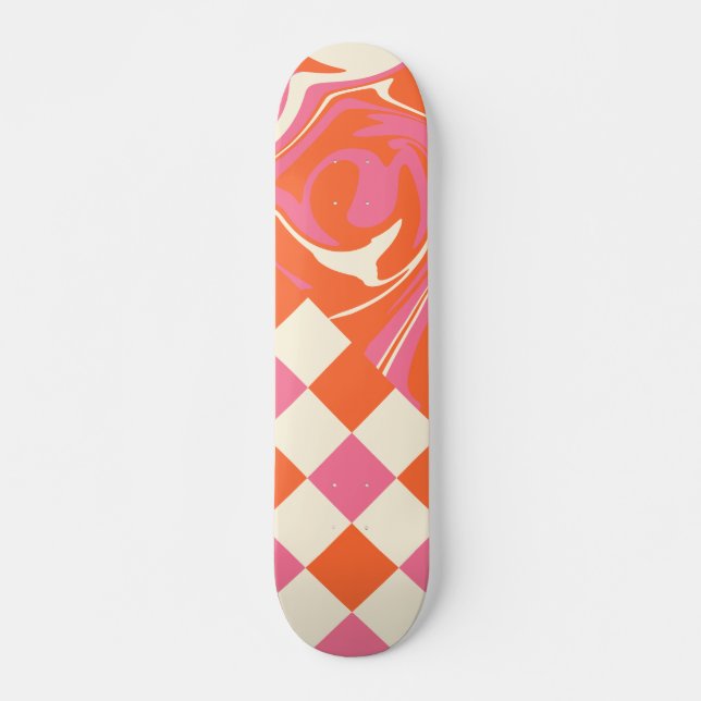 Karos und Wirbel - Rosa, Orange und Creme Skateboard (Vorne)