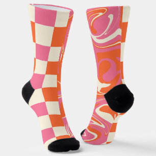 Karos und Wirbel - Rosa, Orange und Creme Socken