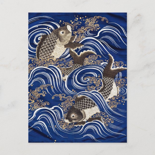 Karpfen in Waves Japanisch Koi Fish Seidenbandkuns Postkarte (Vorderseite)