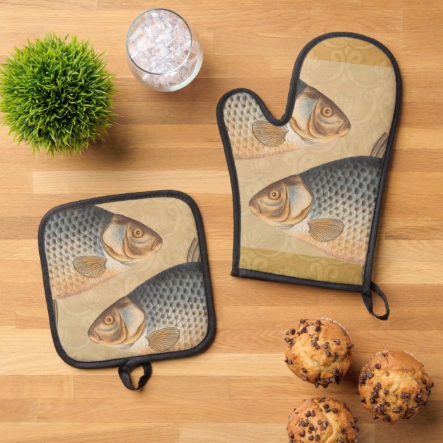 Karpfenfisch, Süßwasser anstrichen Ofenhandschuh & Topflappen-Set (Oben Unten)
