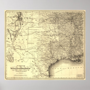 Karte 1867 der Houston- u. Texas-Zentraleisenbahn Poster