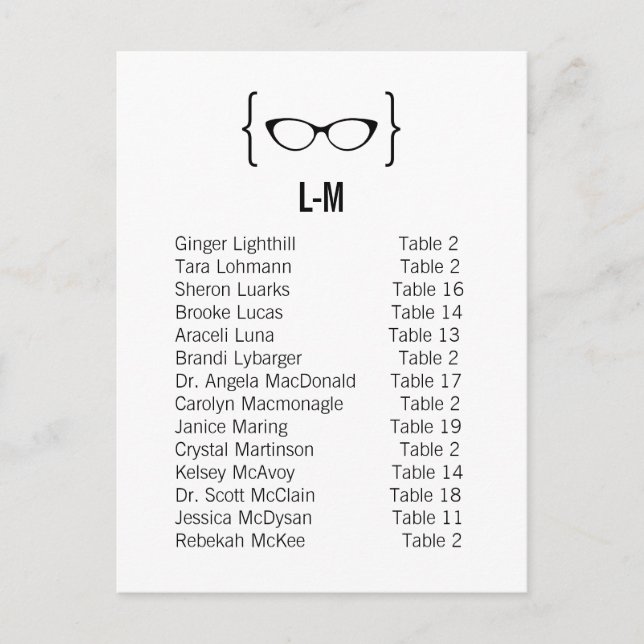 Karte 8 Geeky Glasses Seating Chart Postcard v2 (Vorderseite)