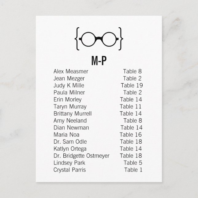 Karte 9B Geeky Glasses Seating Chart Postcard v1 (Vorderseite)