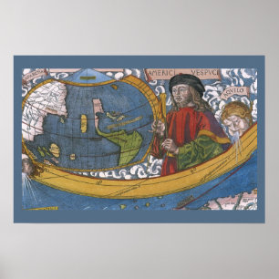 Karte Amerikas mit Explorer Amerigo Vespucci Poster