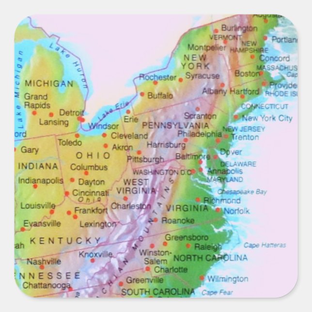 Karte Appalachian Mountains East Coast US-Foto Quadratischer Aufkleber (Vorderseite)