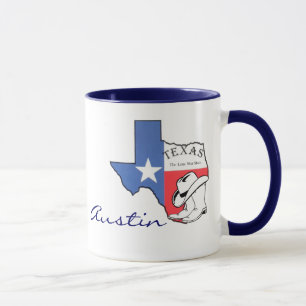 Karte Austins, Texas-Staat mit Stern, Stiefel, Tasse