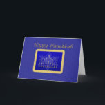 Karte Chanukkas Menorah<br><div class="desc">Menorah und Davidsstern Im Goldrahmen auf blauem Hintergrund.</div>