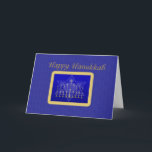Karte Chanukkas Menorah<br><div class="desc">Menorah und Davidsstern Im Goldrahmen auf blauem Hintergrund.</div>