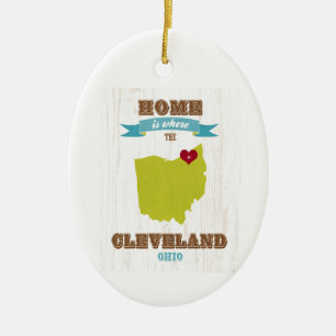 Karte Clevelands, Ohio - Zuhause ist, wo das Herz Keramikornament