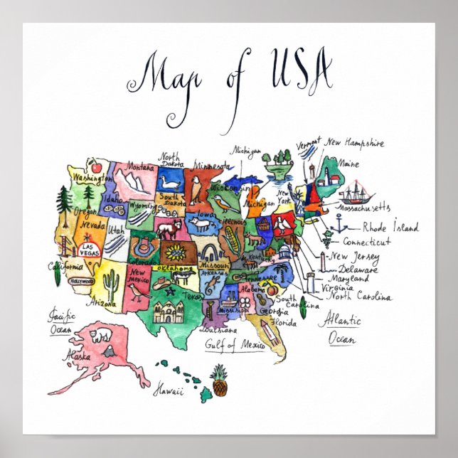 Karte der Attraktionen der USA Poster (Vorne)