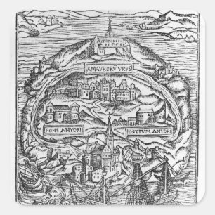 Karte der Insel Utopia, Buch frontispiece Quadratischer Aufkleber