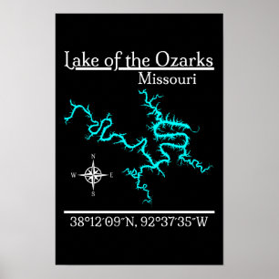Karte der Ozarkseen in Missouri mit Koordinaten Poster