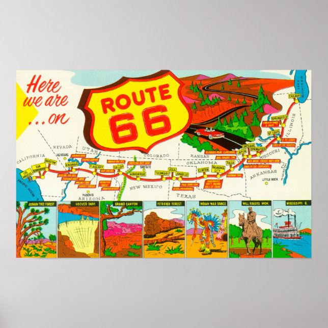 Karte der Route 66 von Los Angeles nach Chicago Poster (Vorne)