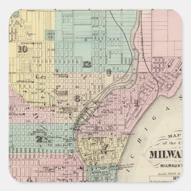 Karte der Stadt Milwaukee, Milwaukee Co Quadratischer Aufkleber (Vorderseite)