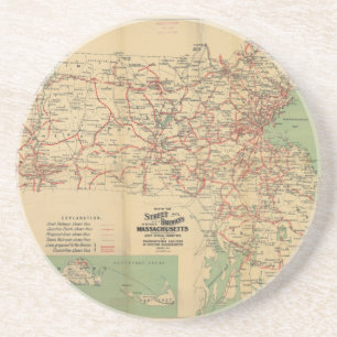 Karte der Straßen-Eisenbahnen von Massachusetts Sandstein Untersetzer