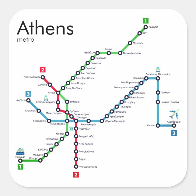 Karte der U-Bahn von Athen Quadratischer Aufkleber (Vorderseite)
