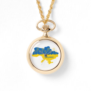 Karte der Ukraine mit Sonnenblumen und ukrainische Armbanduhr