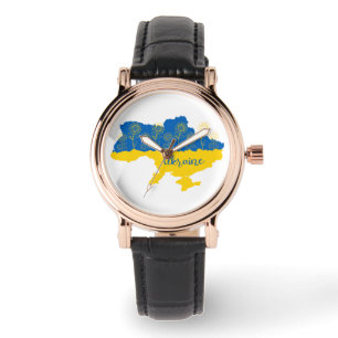 Karte der Ukraine mit Sonnenblumen und ukrainische Armbanduhr