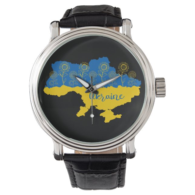 Karte der Ukraine mit Sonnenblumen und ukrainische Armbanduhr (Vorderseite)
