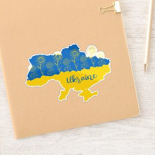 Karte der Ukraine mit Sonnenblumen und ukrainische Aufkleber