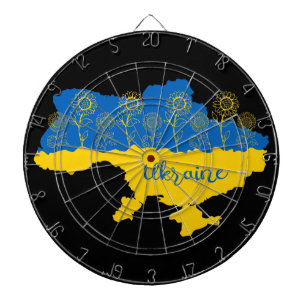 Karte der Ukraine mit Sonnenblumen und ukrainische Dartscheibe