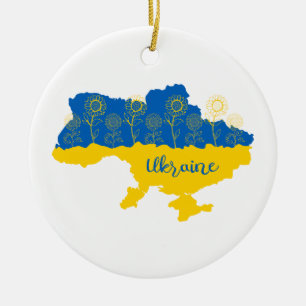 Karte der Ukraine mit Sonnenblumen und ukrainische Keramik Ornament