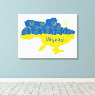 Karte der Ukraine mit Sonnenblumen und ukrainische Leinwanddruck