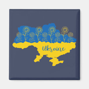 Karte der Ukraine mit Sonnenblumen und ukrainische Magnet