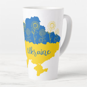 Karte der Ukraine mit Sonnenblumen und ukrainische Milchtasse