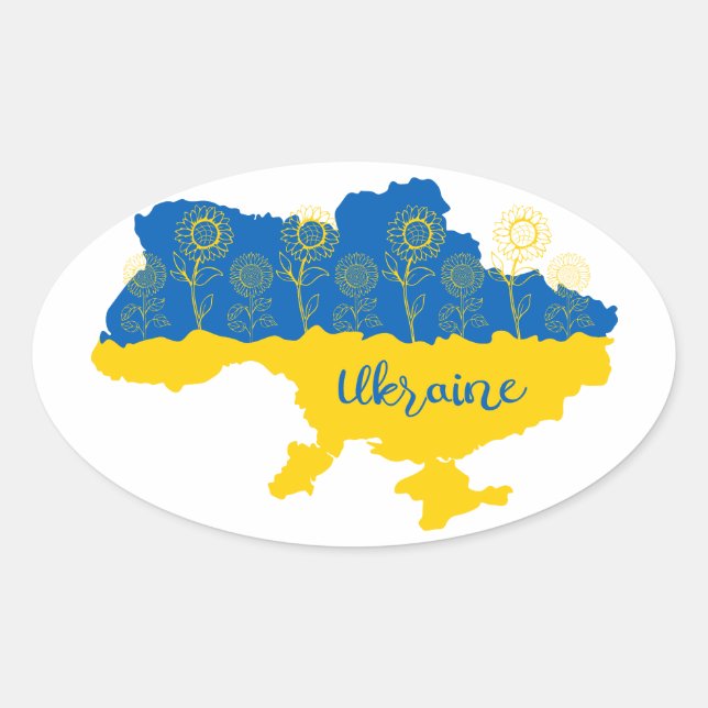 Karte der Ukraine mit Sonnenblumen und ukrainische Ovaler Aufkleber (Vorderseite)