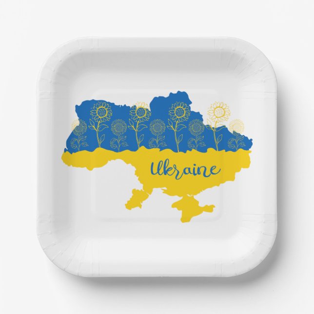 Karte der Ukraine mit Sonnenblumen und ukrainische Pappteller (Vorderseite)