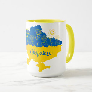 Karte der Ukraine mit Sonnenblumen und ukrainische Tasse