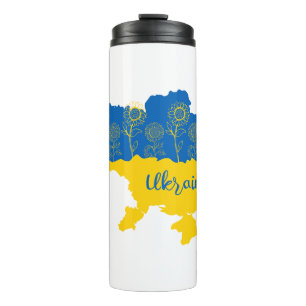 Karte der Ukraine mit Sonnenblumen und ukrainische Thermosbecher