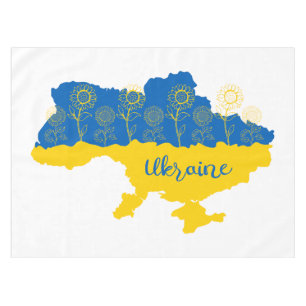 Karte der Ukraine mit Sonnenblumen und ukrainische Tischdecke