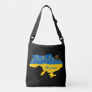Karte der Ukraine mit Sonnenblumen und ukrainische Tragetaschen Mit Langen Trägern