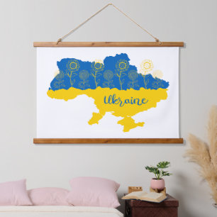 Karte der Ukraine mit Sonnenblumen und ukrainische Wandteppich Mit Holzrahmen