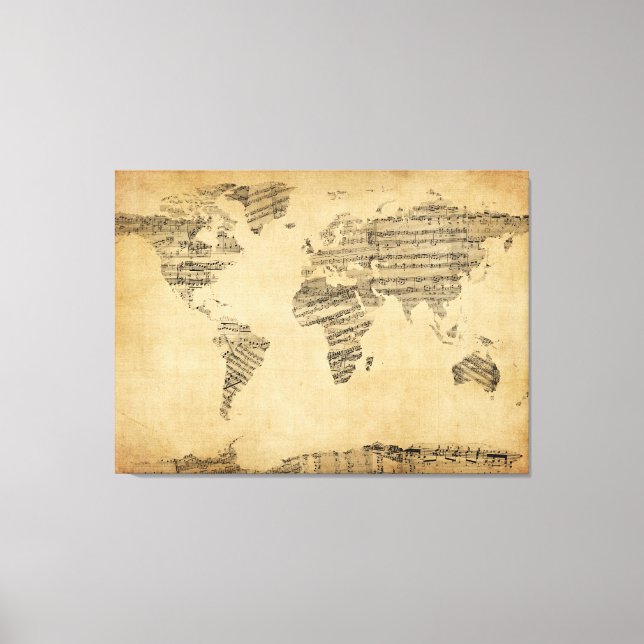 Karte der Weltkarte von Old Sheet Music Leinwanddruck (Vorderseite)