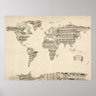 Karte der Weltkarte von Old Sheet Music Poster