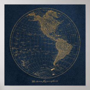 Karte der westlichen Hemisphäre Vintage Poster