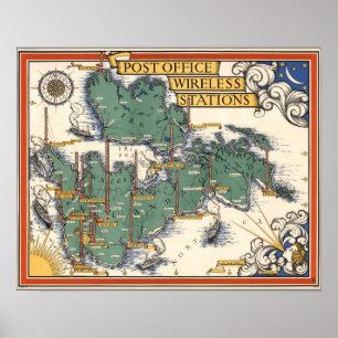 Karte der Wireless-Stationen der Post Office, Groß Poster