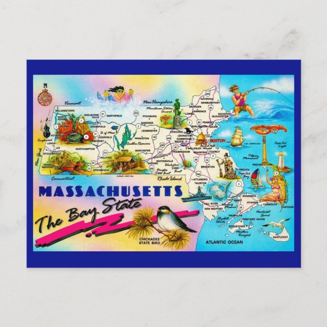 Karte des Bundesstaates Massachusetts Postkarte (Vorderseite)