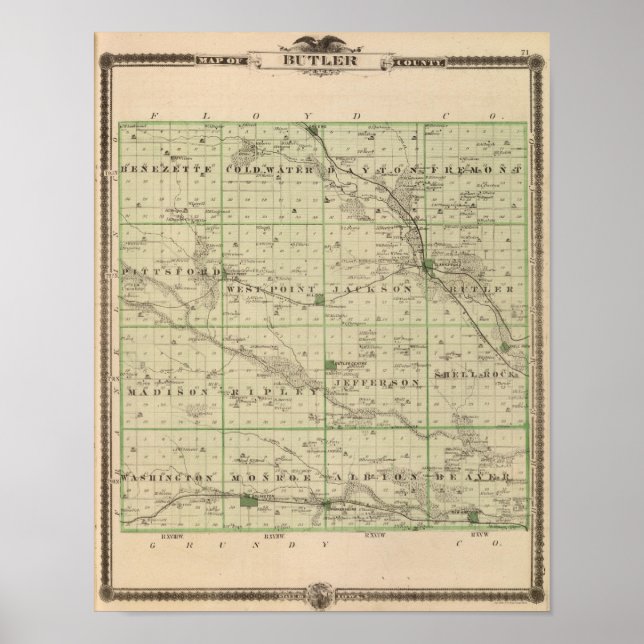 Karte des Butler-Landkreises, Staat von Iowa Poster (Vorne)