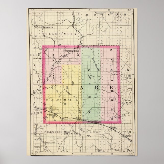 Karte des Clare Landkreises, Michigan Poster (Vorne)