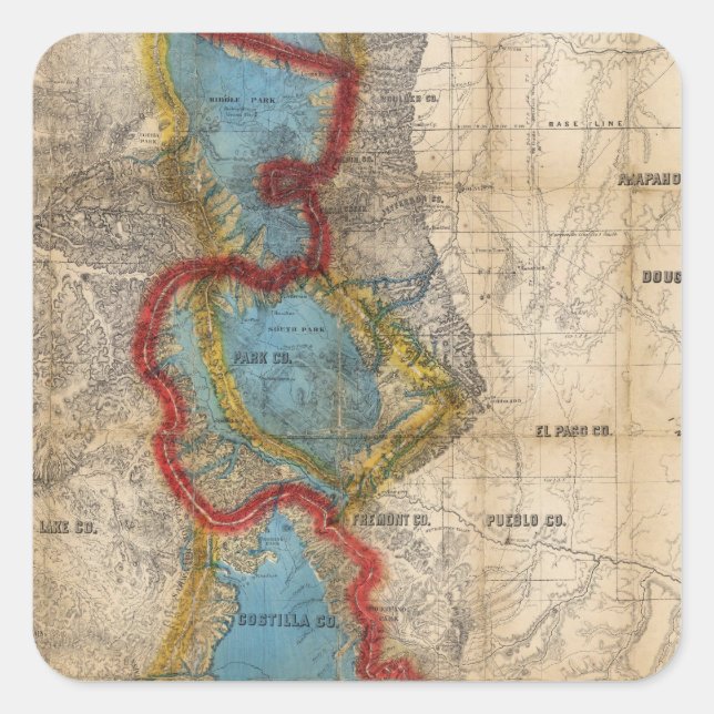 Karte des Gebiets Colorado Quadratischer Aufkleber (Vorderseite)